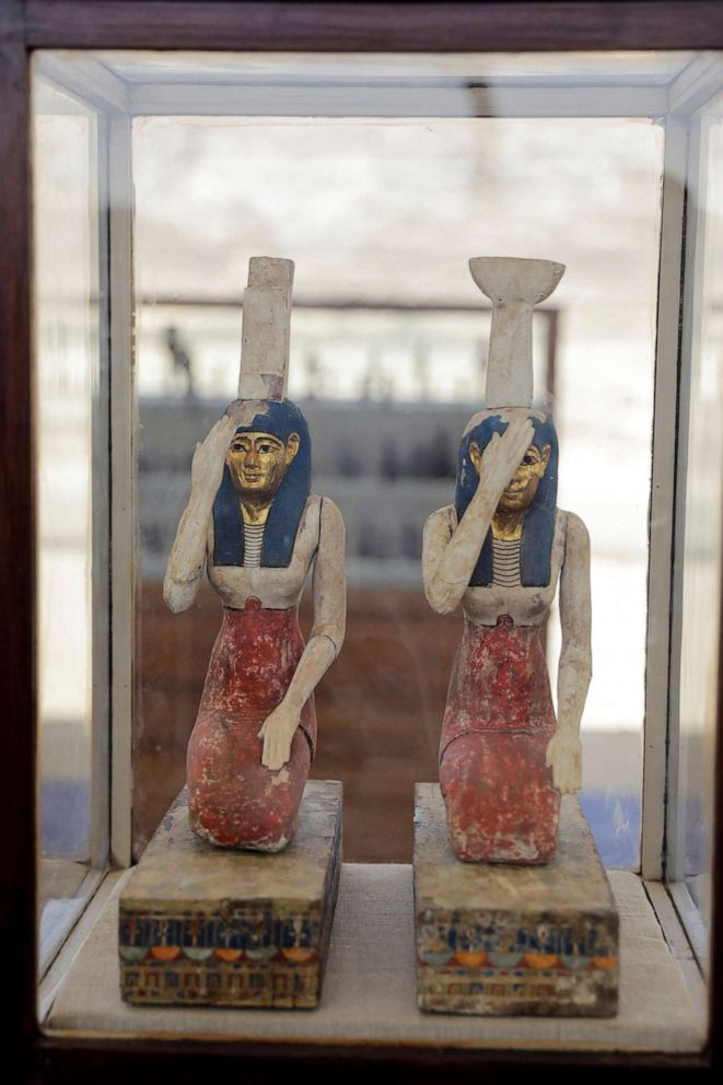 PHOTO: Figurines that are around 2,500 years old, from the newly discovered burial site near Egypt's Saqqara necropolis, are displayed during a presentation in Giza, Egypt, May 30, 2022.