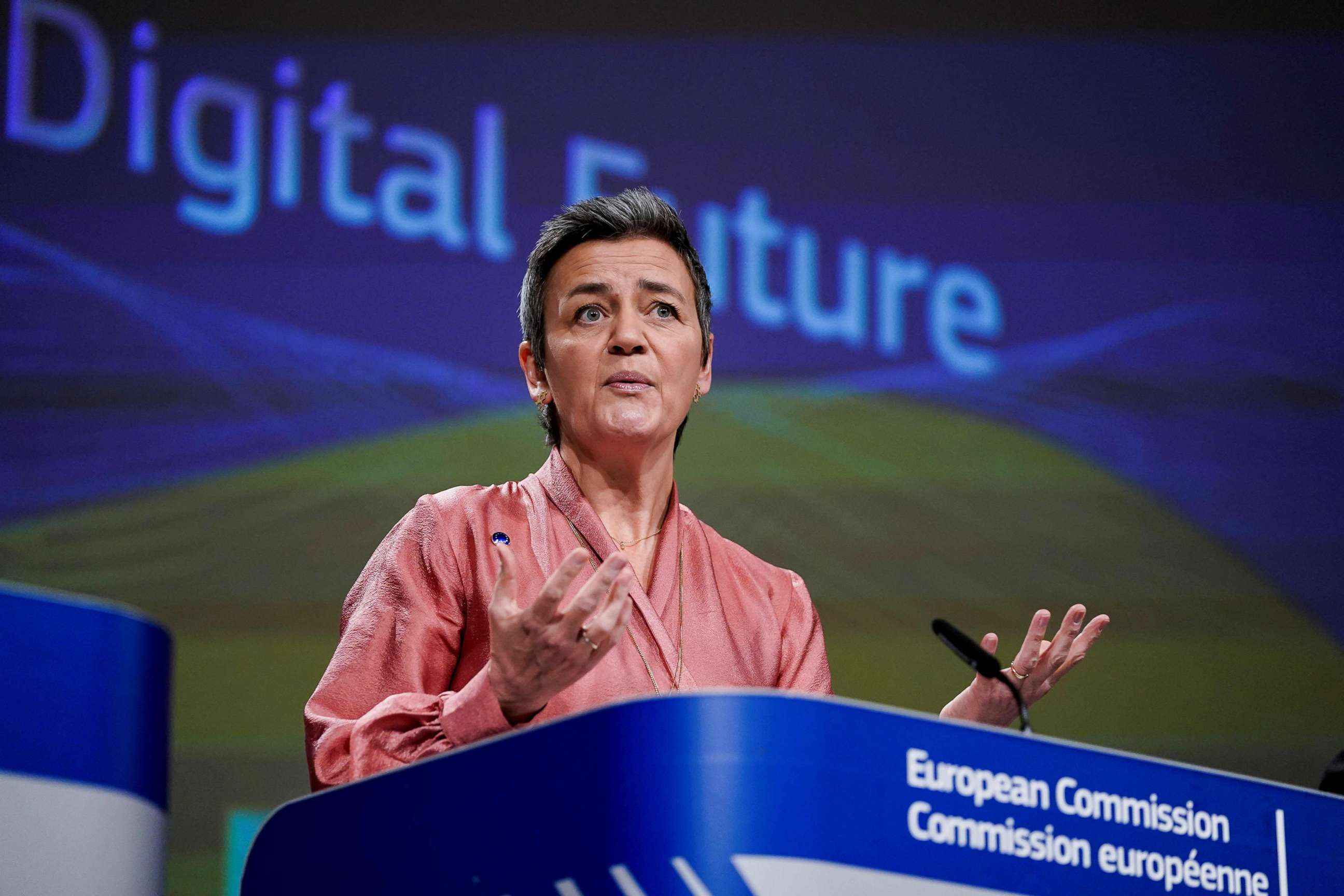 PHOTO: European Commission Executive Vice-President Margrethe Vestager addresses a press conference on Artificial Intelligence (AI) at the European Commission headquarters at the Berlaymont building in Brussels, Feb. 19, 2020.