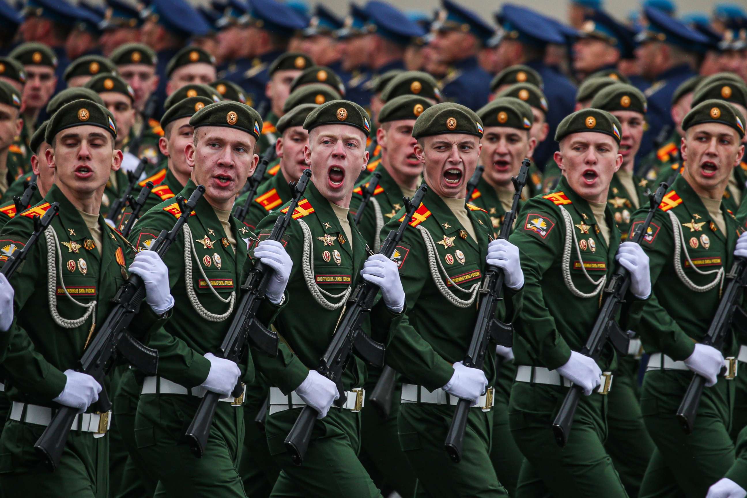 PHOTO: Soldiers march during the military parade marking the 76th anniversary of the Soviet victory in the Great Patriotic War, Russia's term for World War II, on Red Square in Moscow, May 9, 2021.