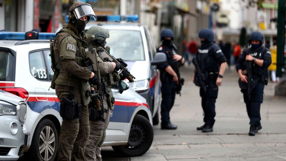 PHOTO: Police officers guard the scene in Vienna, Austria, Nov. 3, 2020.