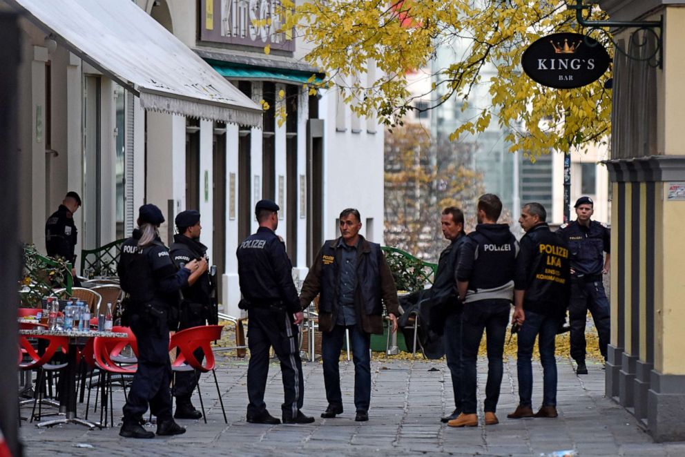 PHOTO: Criminal investigators inspect a crime scene in the city center the day after a deadly shooting spree, Nov. 3, 2020, in Vienna, Austria.