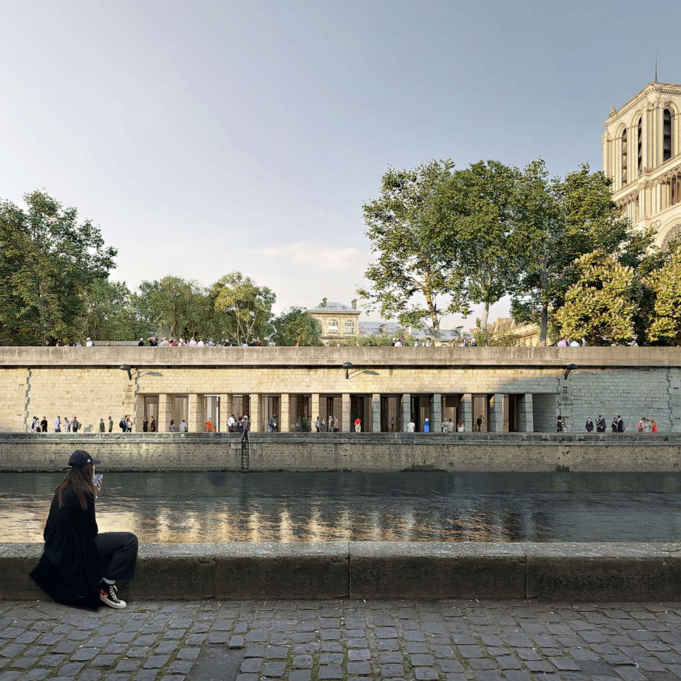 PHOTO: An illustration shows the propposed new passage into Notre Dame from the wharf of Montebello on the Seine. The project is a collaboration between landscape architect Bas Smets, urban planner agency GRAU, and architecture agency Neufville-Gayet.