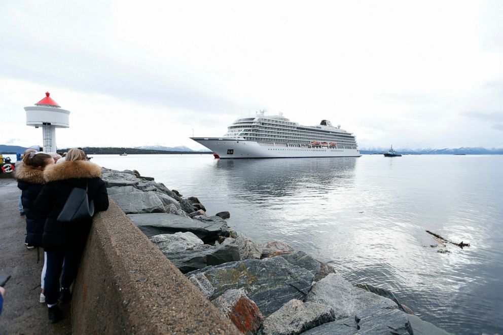 PHOTO: The cruise ship Viking Sky arrives at port off Molde, Norway, Sunday March 24, 2019, after having problems and issuing a Mayday call on Saturday in heavy seas off Norway's western coast.
