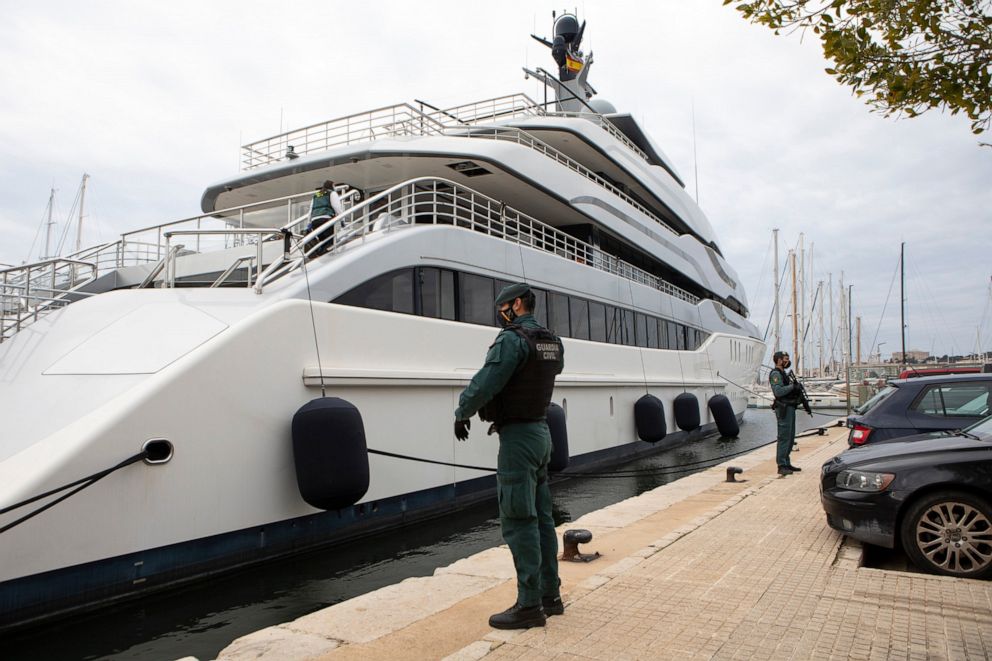 PHOTO: Civil Guards stand by the yacht called Tango in Palma de Mallorca, Spain, Monday, April 4, 2022. Authorities are searching the yacht, which is among the assets linked to Viktor Vekselberg, a close ally with Russia's President Vladimir Putin.