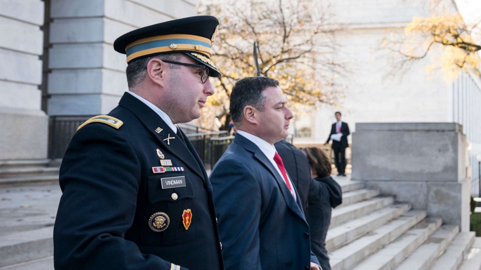 PHOTO: Lt. Col. Alexander Vindman and his brother Leonid Vindman exit Longworth House Office Building after testifying before the House Intelligence Committee Nov. 19, 2019 on Capitol Hill in Washington, DC.