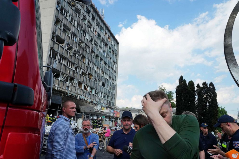 PHOTO: Ukrainian Interior Minister Denys Monastyrsky reacts at a scene of a damaged building after a Russian airstrike in Vinnytsia, Ukraine, July 14, 2022.