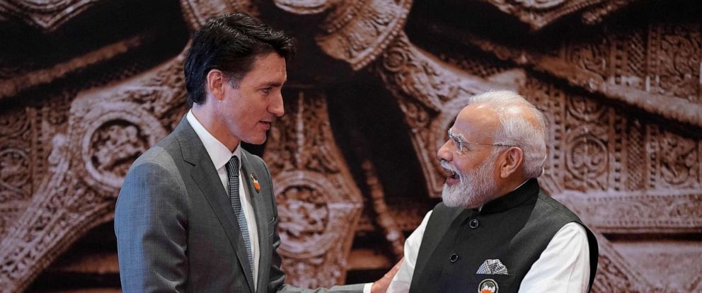 PHOTO: Indias Prime Minister Narendra Modi, right, shakes hands with Canadas Prime Minister Justin Trudeau ahead of the G20 Leaders Summit, Sept. 9, 2023, in New Delhi.