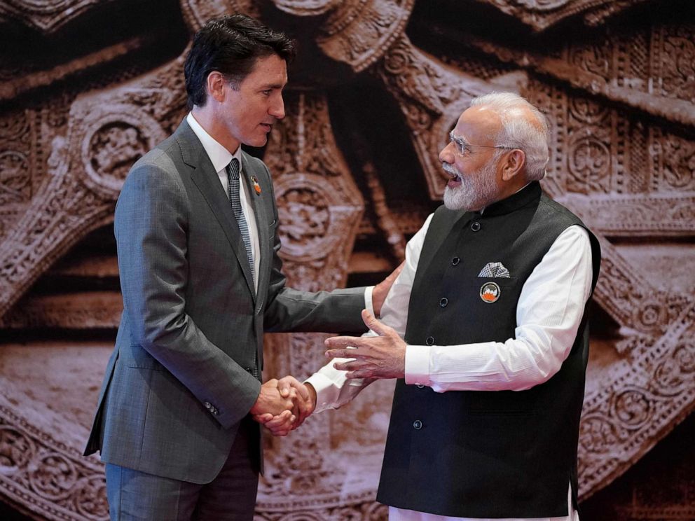 PHOTO: Indias Prime Minister Narendra Modi, right, shakes hands with Canadas Prime Minister Justin Trudeau ahead of the G20 Leaders Summit, Sept. 9, 2023, in New Delhi.