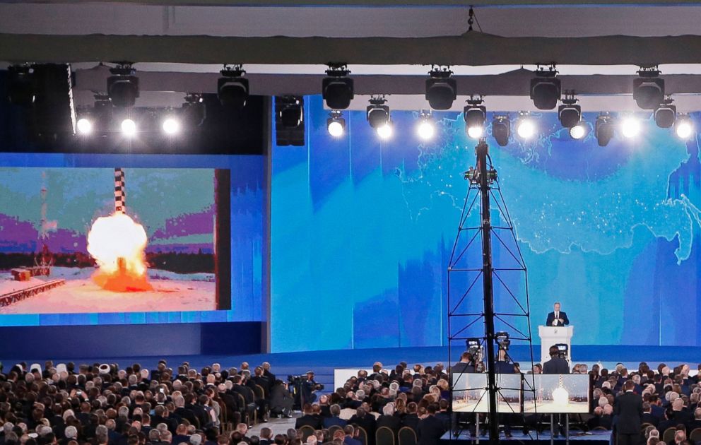 PHOTO: Russian President Vladimir Putin addresses Federal Assembly, Moscow, Russian Federation, March 1, 2018.