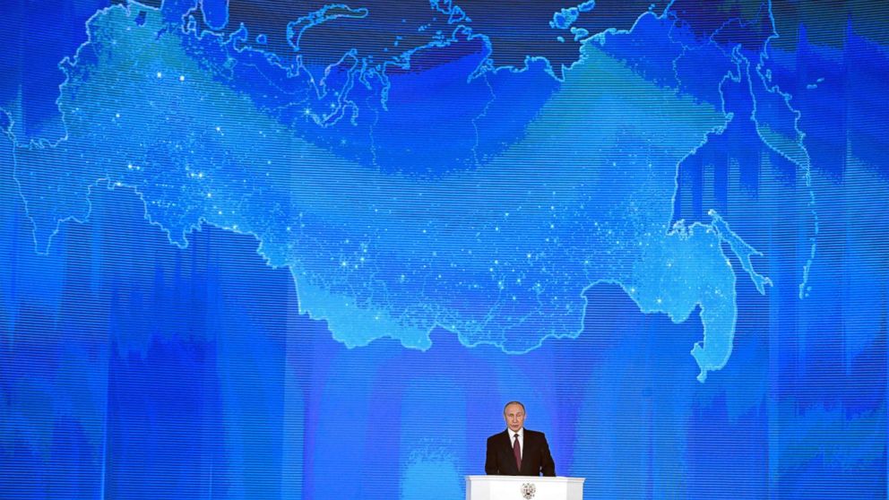 PHOTO: Russian President Vladimir Putin addresses the Federal Assembly at Moscow's Manezh exhibition centre, March 1, 2018.