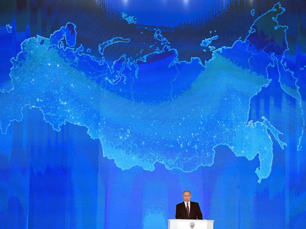 PHOTO: Russian President Vladimir Putin addresses the Federal Assembly at Moscows Manezh exhibition centre, March 1, 2018.