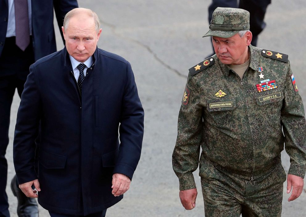 PHOTO: Russian President Vladimir Putin and Russian Defense Minister Sergei Shoigu arrive to attend the joint strategic exercise of the armed forces of the Russian Federation and the Republic of Belarus Zapad-2021 in Russia, Sept. 13, 2021.