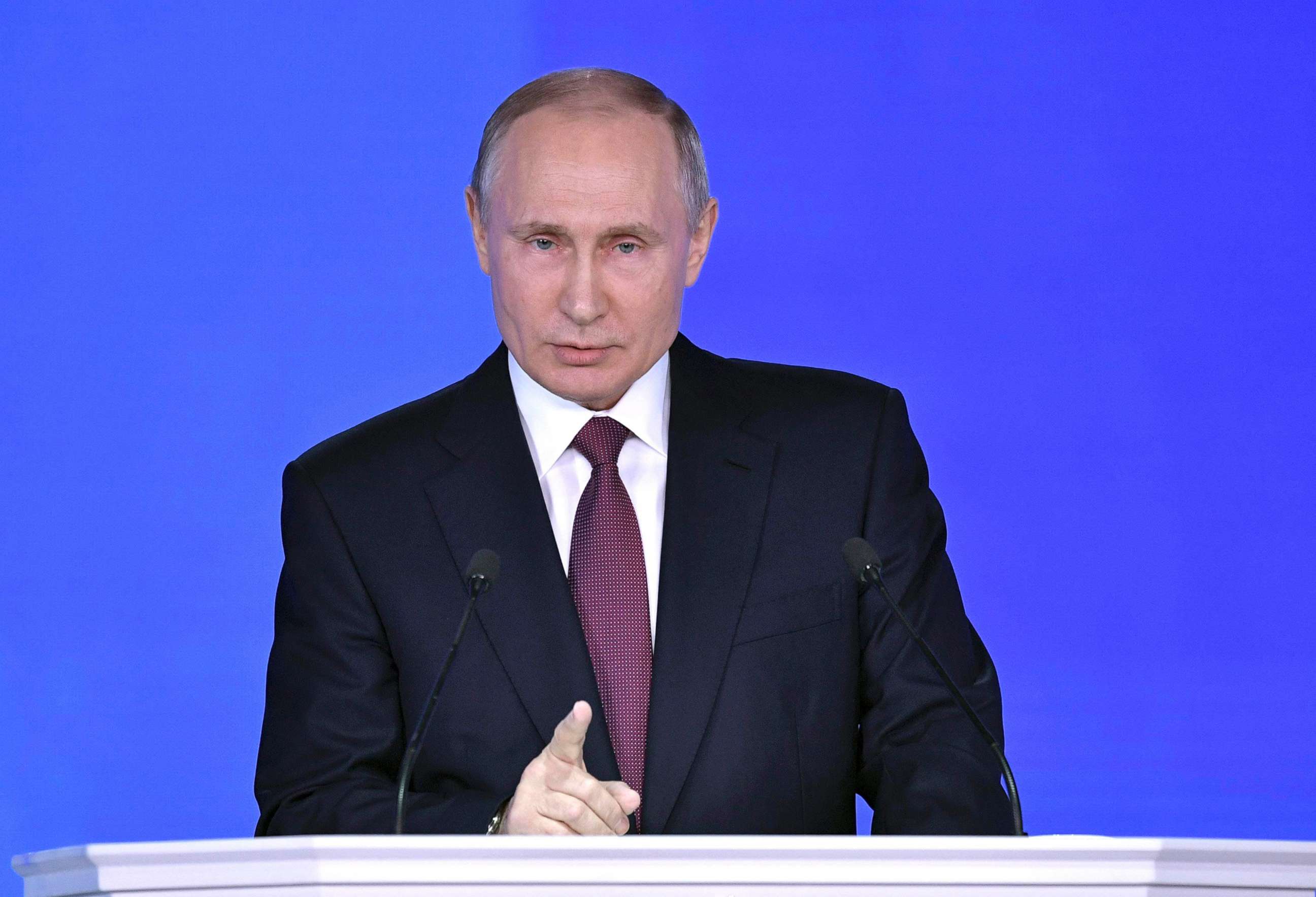 PHOTO: Russian President Vladimir Putin addresses the Federal Assembly, including the State Duma parliamentarians, members of the Federation Council, regional governors and other high-ranking officials, in Moscow, March 1, 2018.