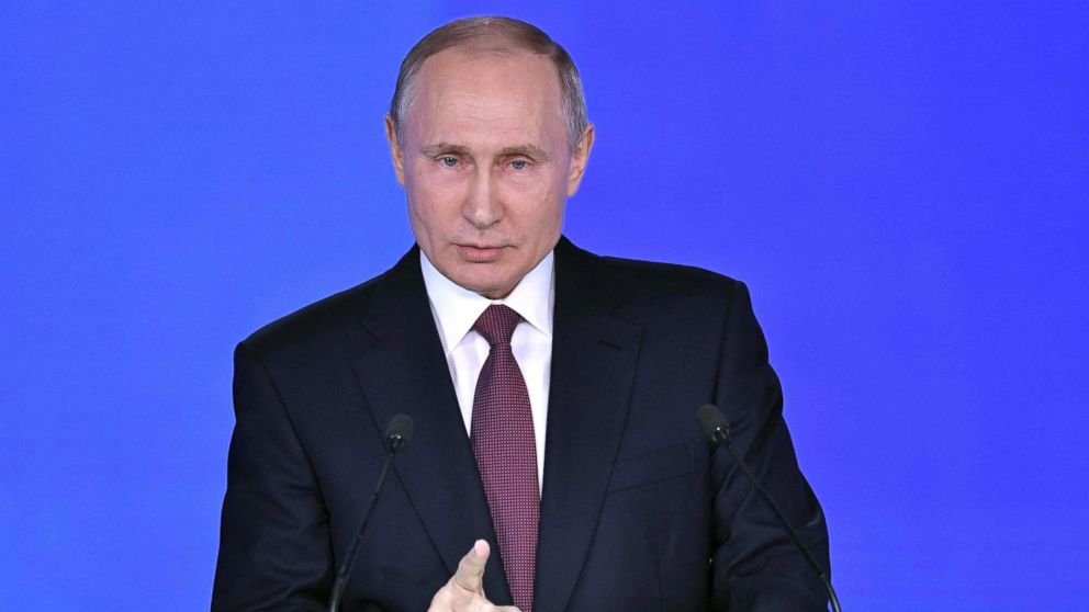 Russian President Vladimir Putin addresses the Federal Assembly, including the State Duma parliamentarians, members of the Federation Council, regional governors and other high-ranking officials, in Moscow, March 1, 2018.