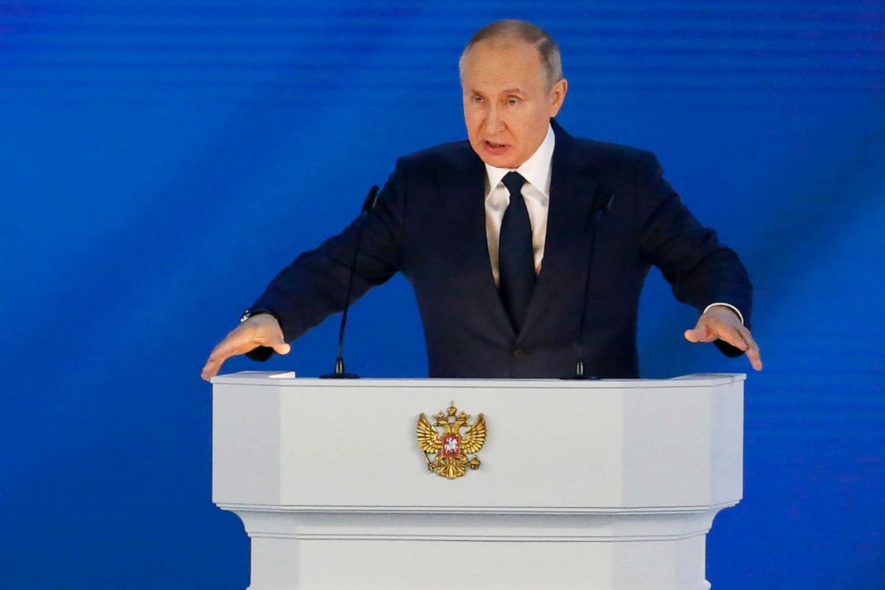PHOTO: Russian President Vladimir Putin gives his annual state of the nation address in Manezh, Moscow, Russia, April 21, 2021.