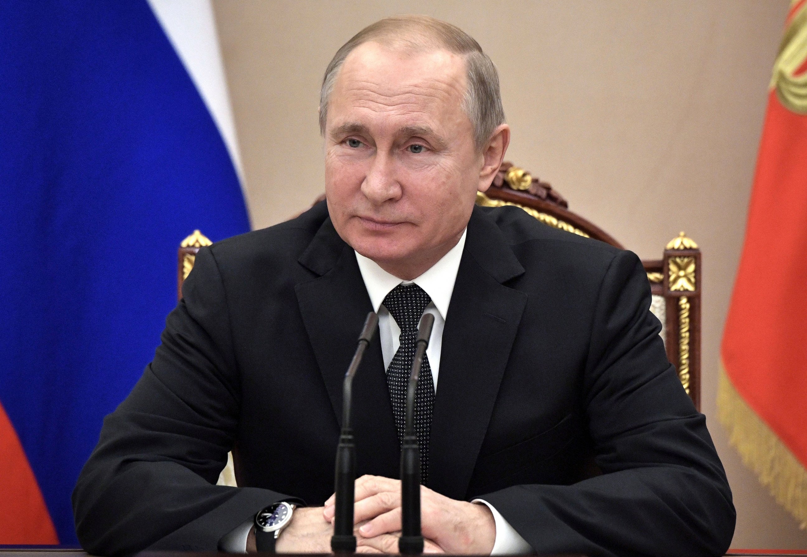 PHOTO: Russian President Vladimir Putin chairs a Security Council meeting in Moscow, Friday, Feb. 1, 2019. 