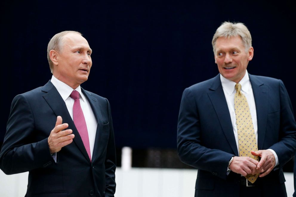 PHOTO: In this file photo taken on June 15, 2017, Russian President Vladimir Putin speaks to the media after his annual televised call-in show as his press secretary Dmitry Peskov (right) smiles in Moscow, Russia.