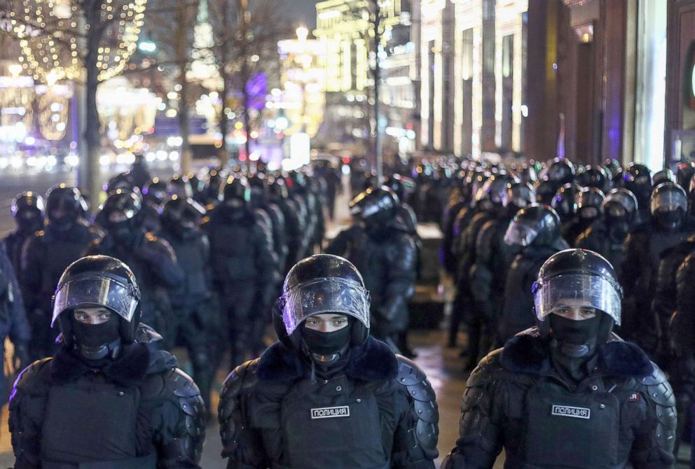 PHOTO: Riot police assemble during an unauthorized rally in support of Alexei Navalny in central Moscow, Feb. 21, 2021.