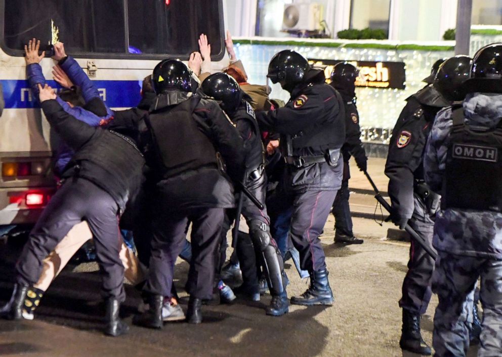 PHOTO: Police detain people during a protest against a court ruling ordered Russian opposition leader Alexei Navalny jailed for nearly three years, in downtown Moscow early on Feb. 3, 2021.