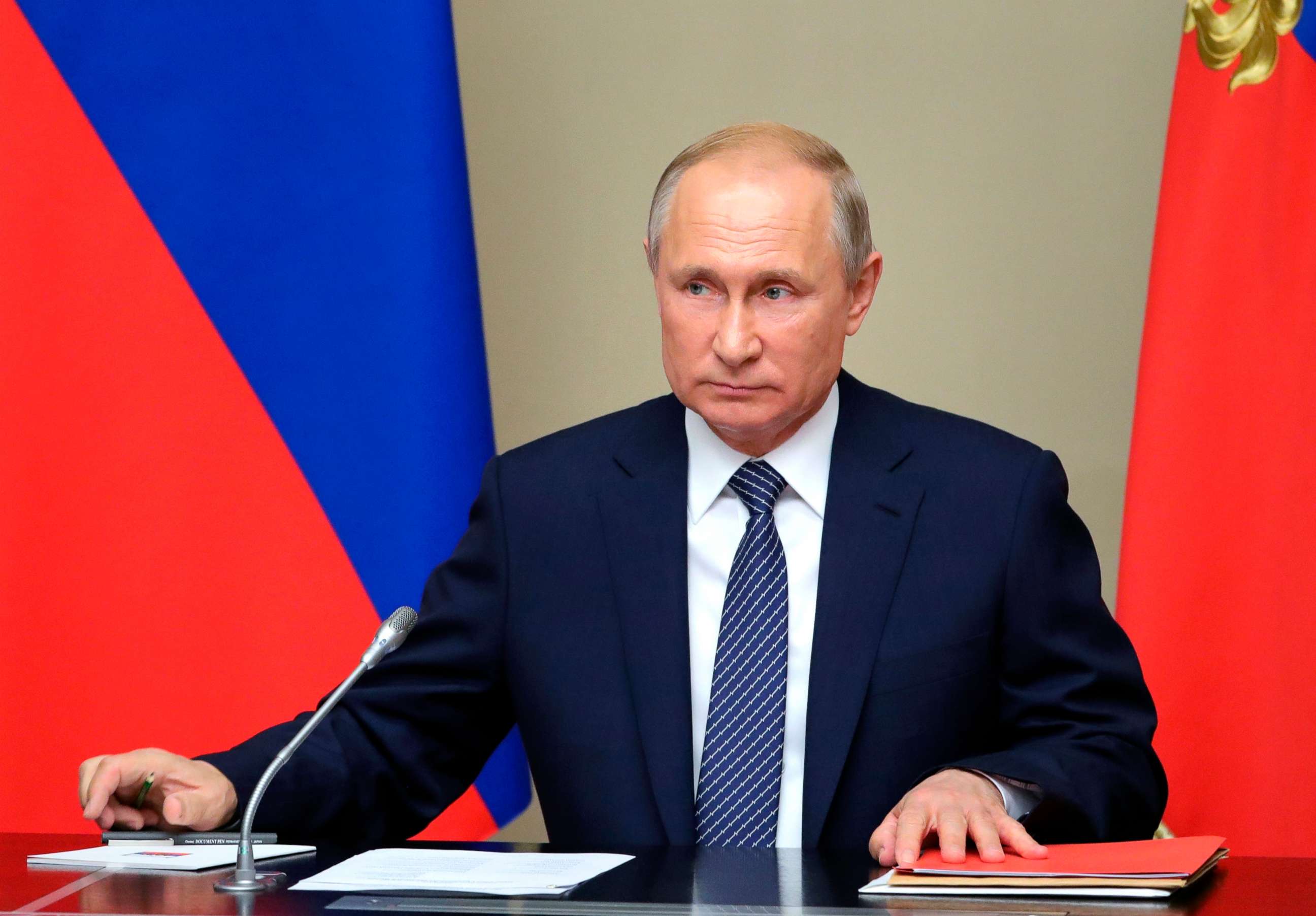 PHOTO: Russian President Vladimir Putin chairs a Security Council meeting in the Kremlin in Moscow, Russia, Monday, Aug. 5, 2019. 