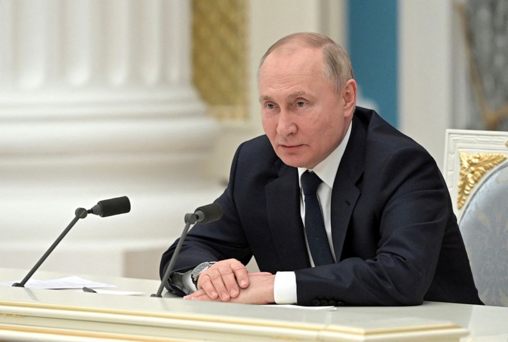 PHOTO: Russian President Vladimir Putin speaks during a meeting with representatives of the business community at the Kremlin in Moscow, Feb. 24, 2022.