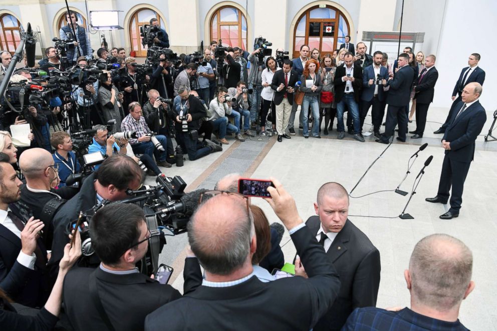 PHOTO: Russian President Vladimir Putin speaks with journalists shortly after his annual televised phone-in with the nation in Moscow, June 7, 2018.