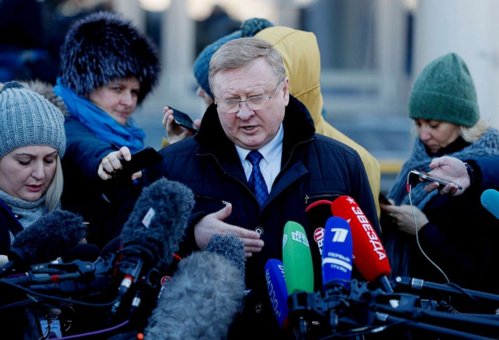 PHOTO: Vladimir Zherebenkov, a lawyer of suspected spy Paul Whelan, speaks to the media after a hearing of an appeal on Whelan's arrest, in front of the Moscow City Court in Moscow, Jan. 22, 2019.