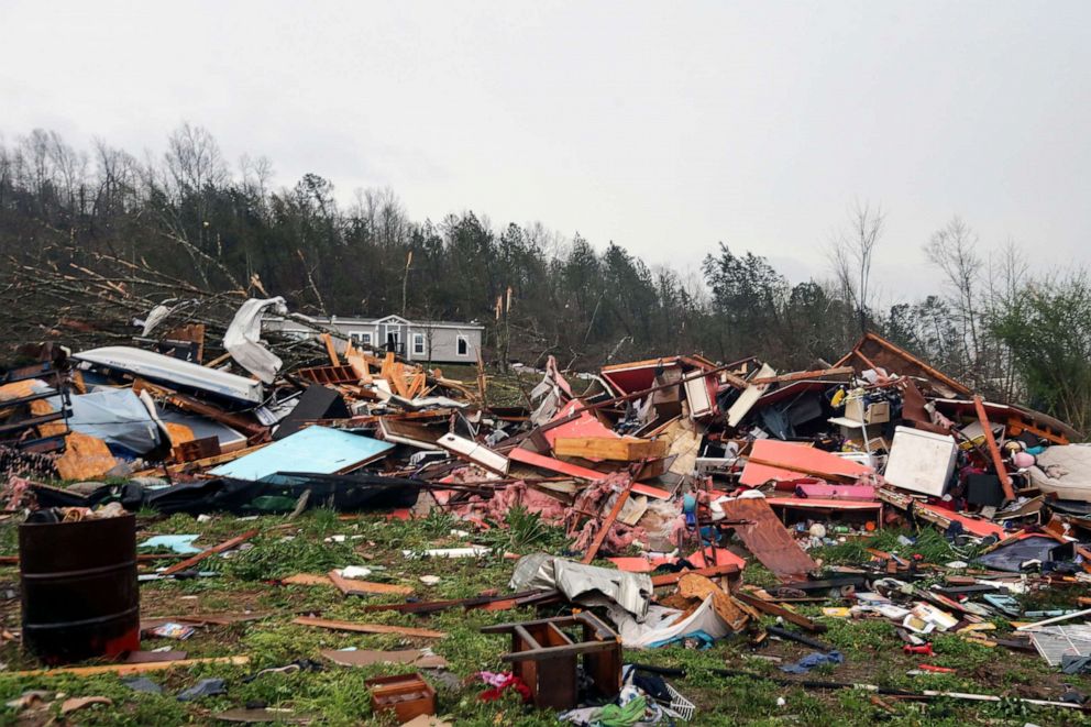 PHOTO: Piles of debris remain after a tornado touched down killing several people and damaging multiple homes, March 25, 2021, in Ohatchee, Ala.