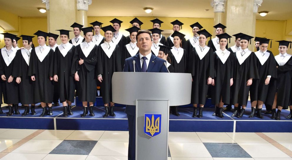 PHOTO: Ukrainian comic actor, showman and presidential candidate Volodymyr Zelenskyy takes part in the shooting of the television series "Servant of the People" where he plays the role of the President of Ukraine, in Kiev on March 6, 2019.