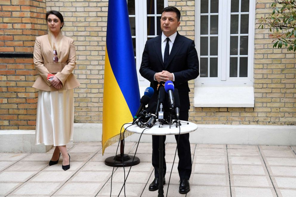 PHOTO: Ukrainian President Volodymyr Zelensky talks during a press conference at the Ukraine's embassy in Paris on April 16, 2021.