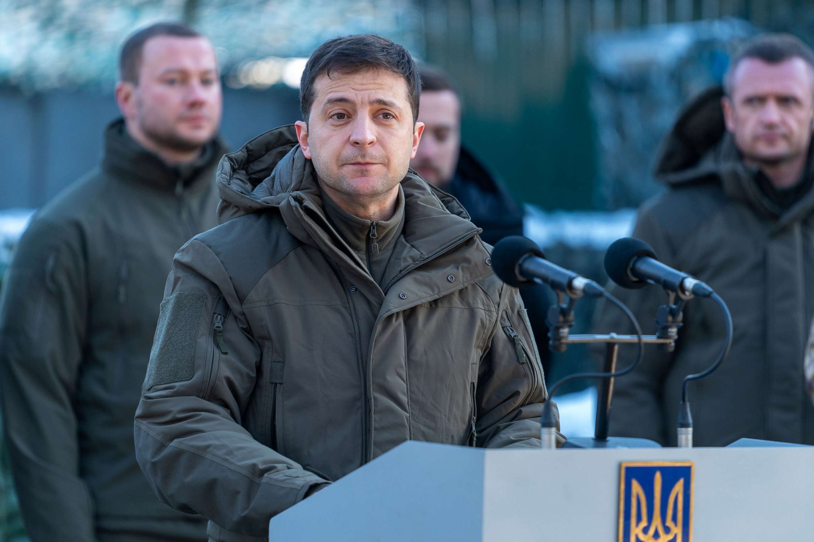 PHOTO: Ukrainian President Volodymyr Zelenskiy delivers a speech during a ceremony marking the Day of the Armed Forces in Donetsk region, Ukraine, on Dec. 6, 2019.