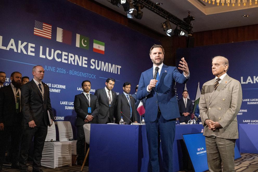 PHOTO: Vice President JD Vance speaks next to Pakistan's Prime Minister Shehbaz Sharif prior to a meeting between the United States, Iran, Pakistan and Qatar at the Burgenstock luxury hotel complex overlooking Lake Lucerne, Switzerland, on June 21, 2026.