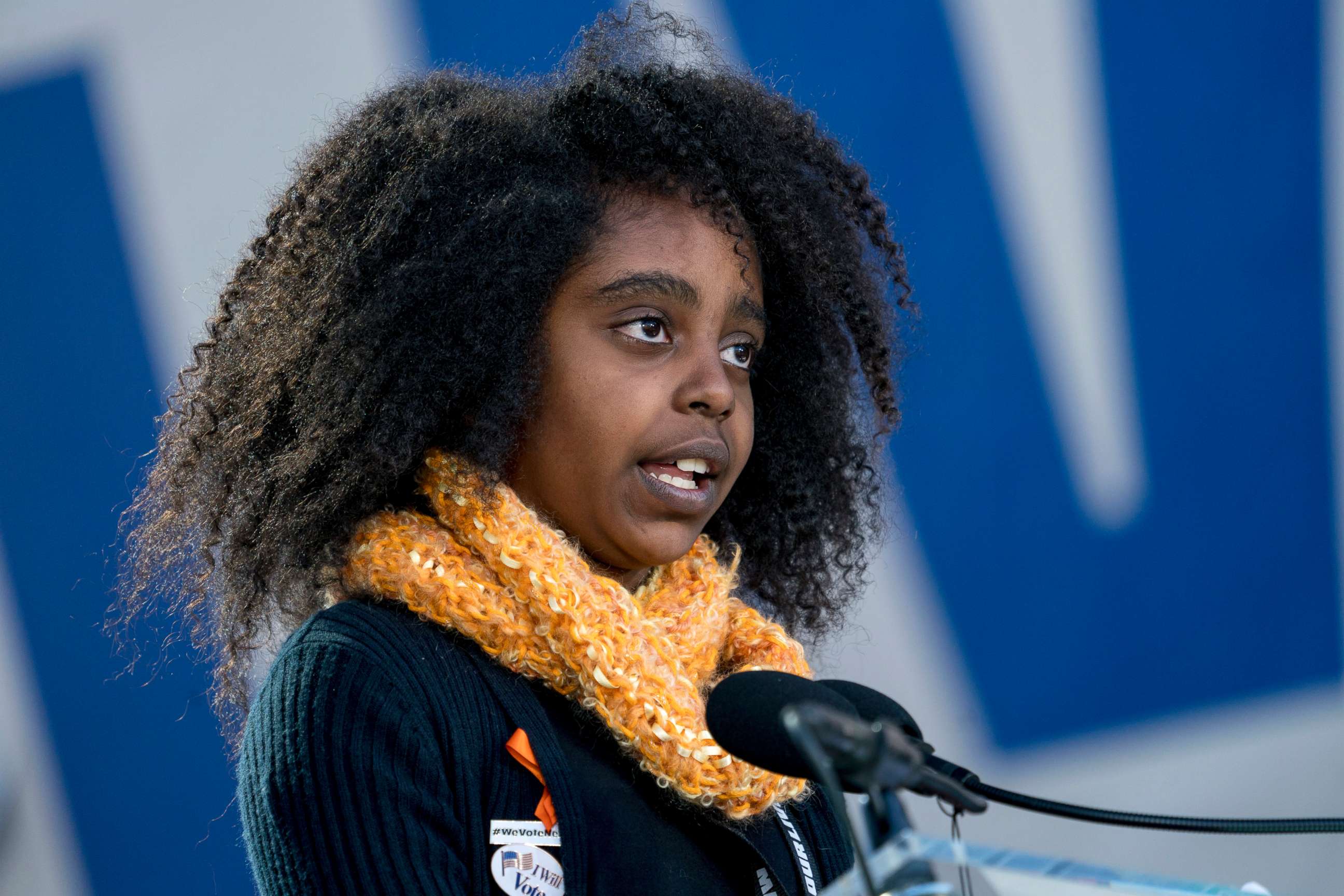 PHOTO: Naomi Wadler, 11, a student at George Mason Elementary School, who organized a school walkout at her school in Alexandria, Va., speaks during the March for Our Lives rally in support of gun control in Washington D.C., March 24, 2018.