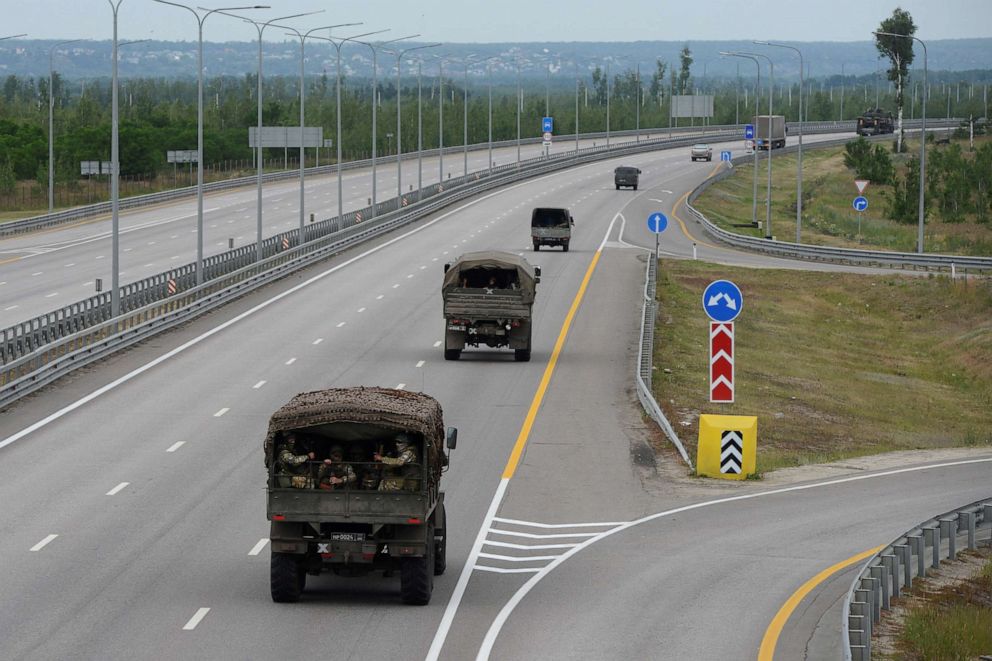 PHOTO: A military column of Wagner private mercenary group drives along M-4 highway, which links the capital Moscow with Russia's southern cities, near Voronezh, Russia, June 24, 2023.