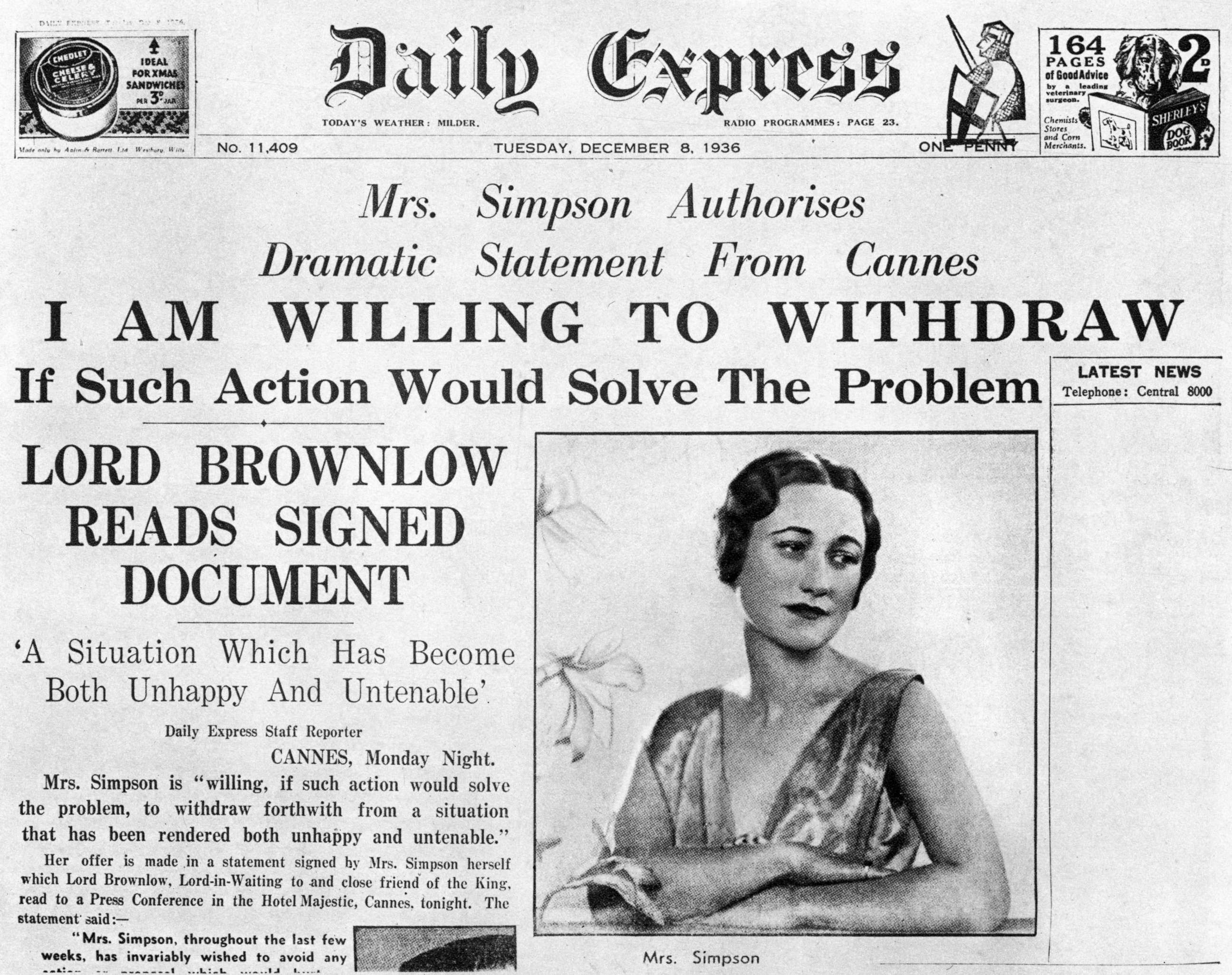 PHOTO: Wallis Simpson is pictured on the front page of the "Daily Express" newspaper on Dec. 8, 1936.