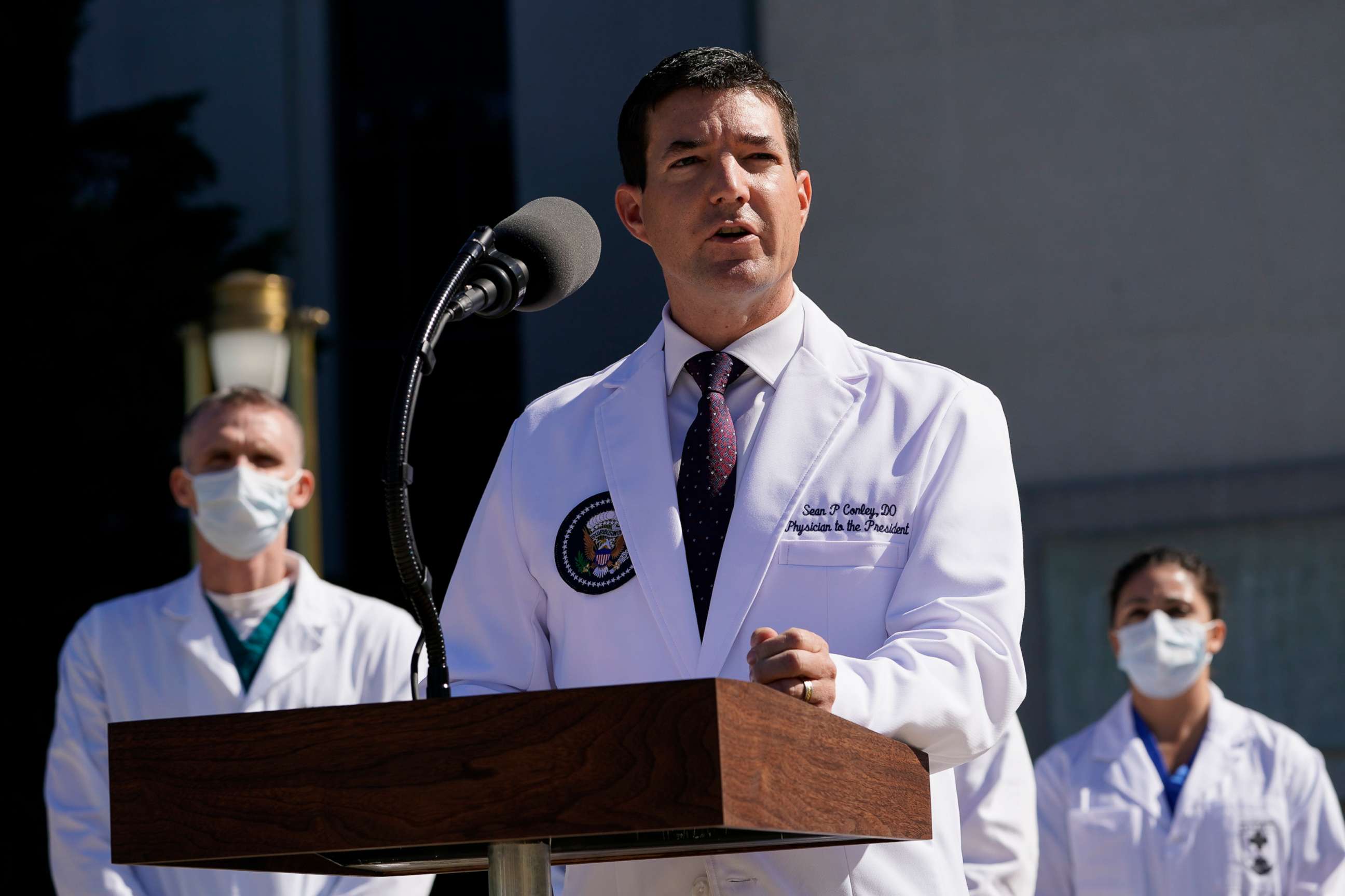 PHOTO: Dr. Sean Conley, physician to President Donald Trump, briefs reporters at Walter Reed National Military Medical Center in Bethesda, Md., Oct. 3, 2020. Trump was admitted to the hospital after contracting the coronavirus.