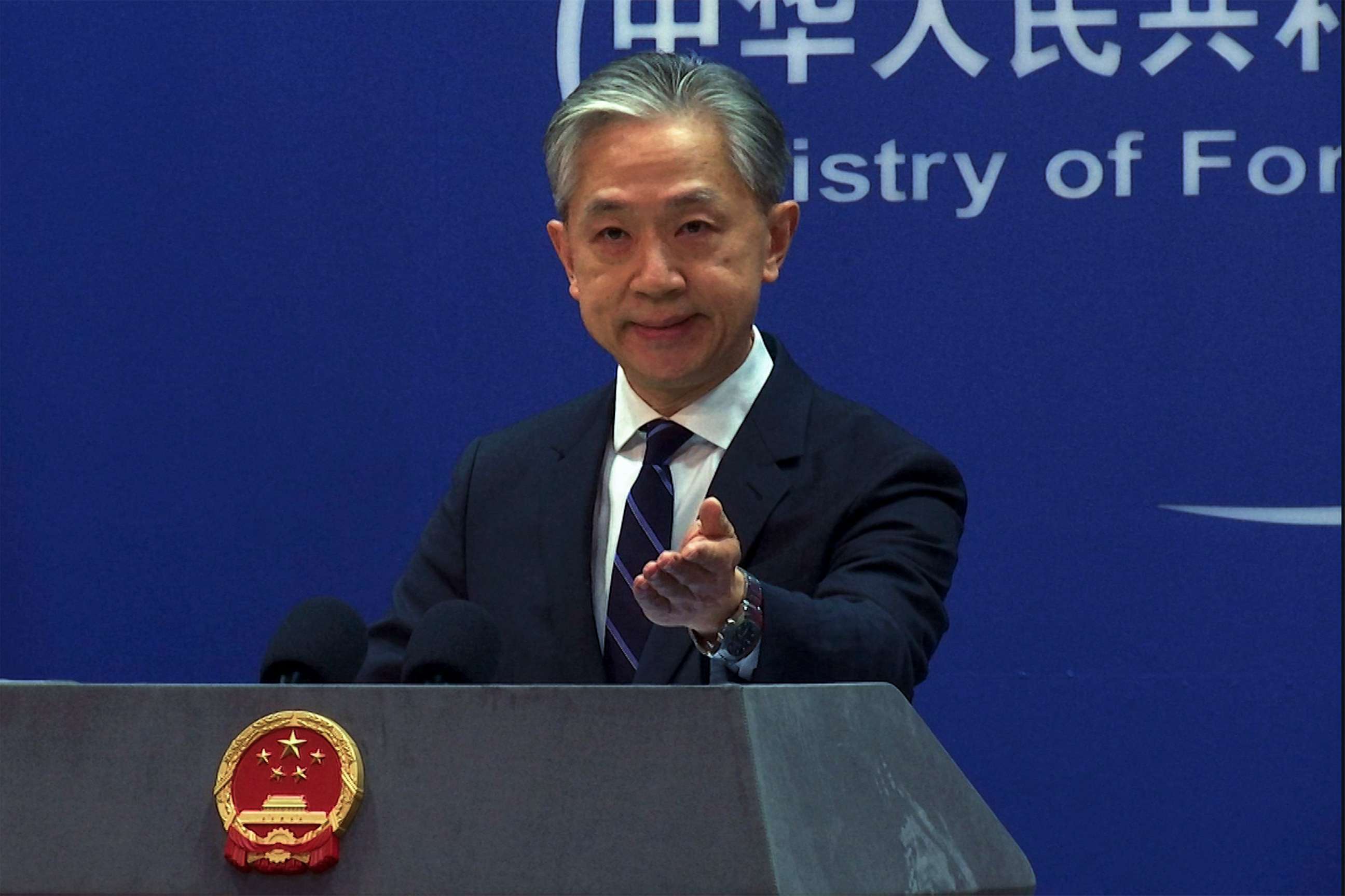 PHOTO: In this image taken from video, Chinese Ministry of Foreign Affairs spokesperson Wang Wenbin gestures as he speaks during a press briefing at the ministry's office in Beijing, China, on Feb. 13, 2023.