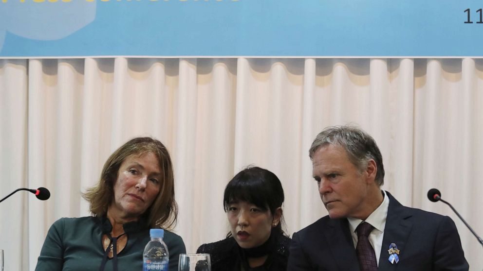 PHOTO:Fred Warmbier, right, and his wife Cindy listen about their son Otto Warmbier during a press conference in Seoul, South Korea, Nov. 22, 2019.