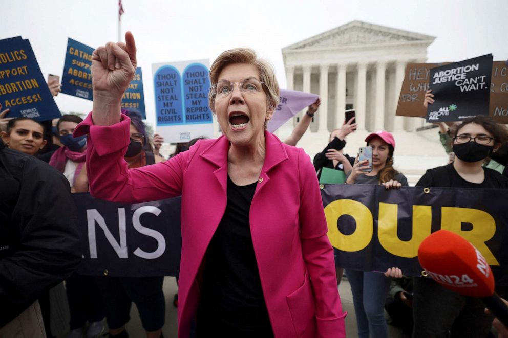 Sen. Elizabeth Warren reacts at a protest outside the U.S. Supreme Court, after the leak of a majority opinion draft by Justice Samuel Alito preparing for the court to overturn the landmark Roe v. Wade abortion rights decision, in Washington, May 3, 2022.