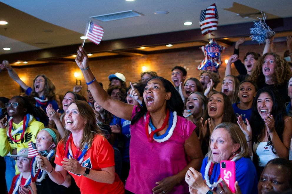PHOTO: People celebrate during a watch party Tuesday, Aug. 3, 2021, in Mountainside, N.J., the gold medal of Sydney McLaughlin in the women's 400-meter hurdles at the 2020 Tokyo Olympics.