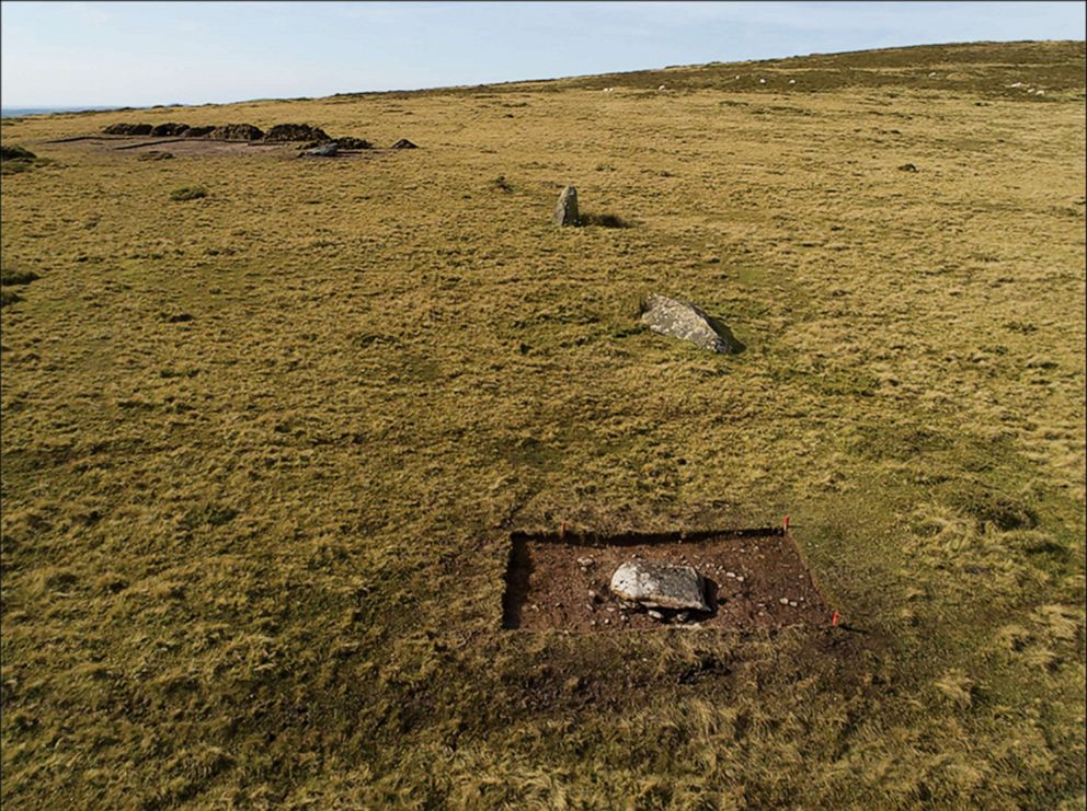 PHOTO: The arc of former standing stones at Waun Mawn in the Preseli Hills in north Pembrokeshire, west Wales, during trial excavations in 2017, viewed from the east.