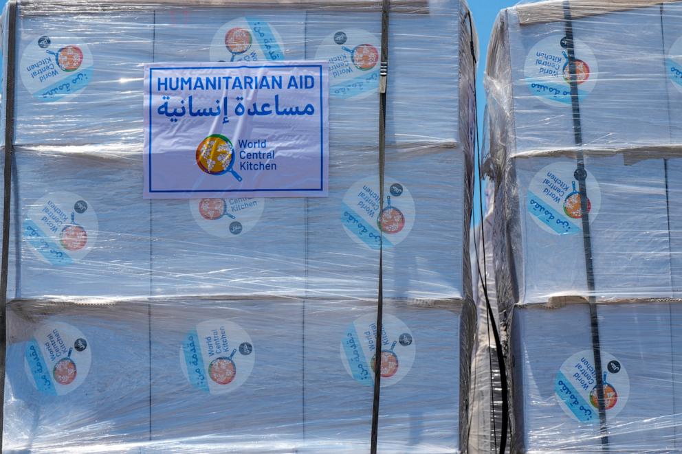 PHOTO: A bundle of humanitarian aid with the logo of World Central Kitchen (WCK) is seen at the Kerem Shalom border crossing to Gaza, in southern Israel, Thursday, May 30, 2024.