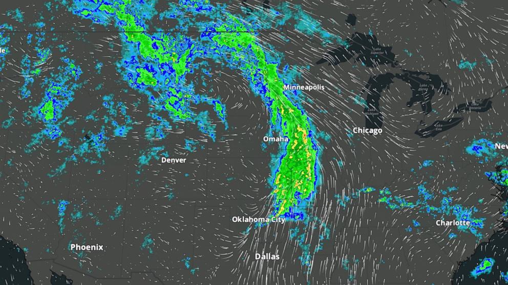 PHOTO: HRRR-Cast output showing simulated reflectivity and wind particles over the contiguous-U.S. domain for a line of strong thunderstorms that occurred May 6, 2024. This image was created using GSL’s DESI tool.