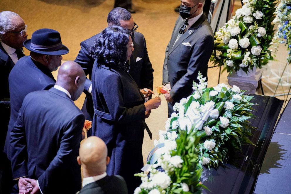 PHOTO: RowVaughn Wells stops in front of the casket of her son Tyre Nichols at the start of his funeral service at Mississippi Boulevard Christian Church in Memphis, Tenn., Feb. 1, 2023.