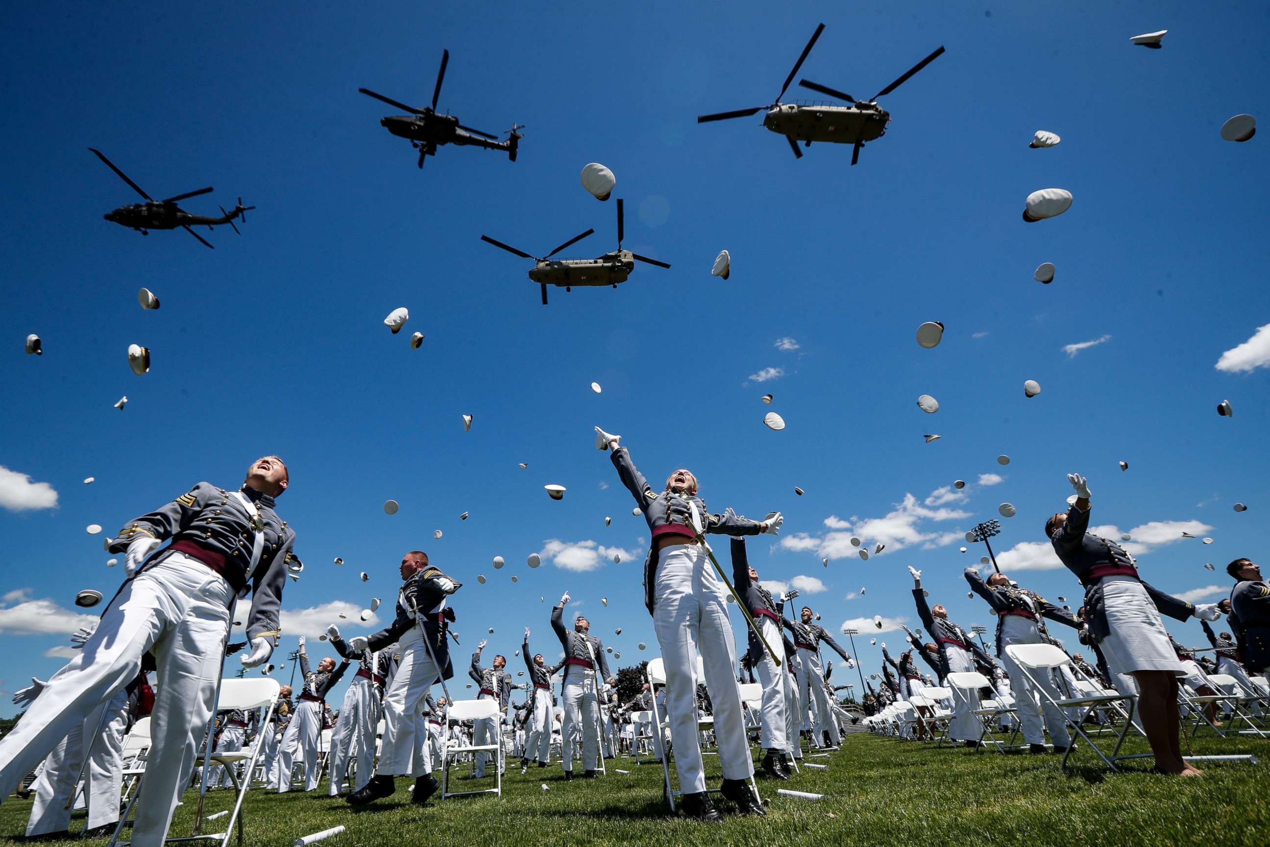 PHOTO: United States Military Academy graduating cadets celebrate at the end of their commencement ceremonies, June 13, 2020, in West Point, N.Y.
