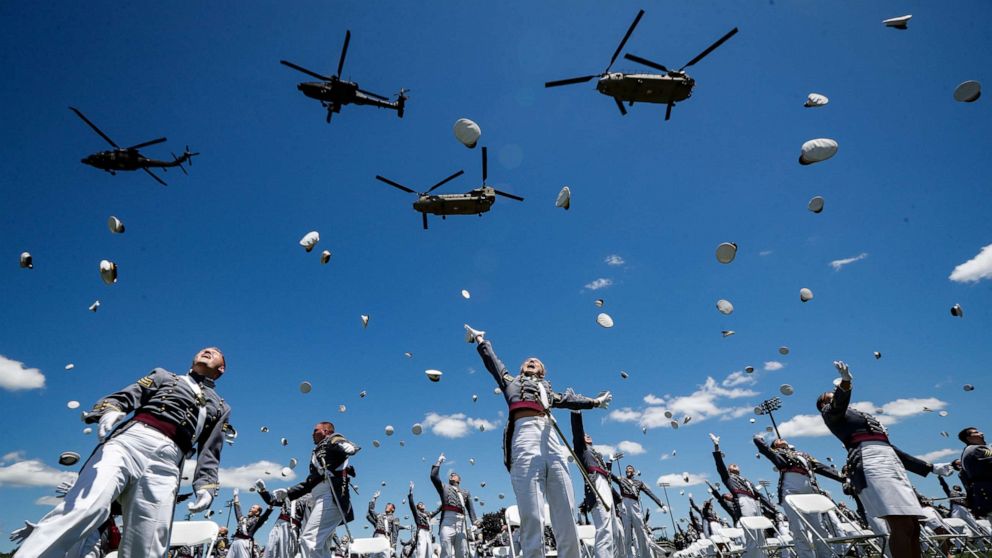 PHOTO: United States Military Academy graduating cadets celebrate at the end of their commencement ceremonies, June 13, 2020, in West Point, N.Y.