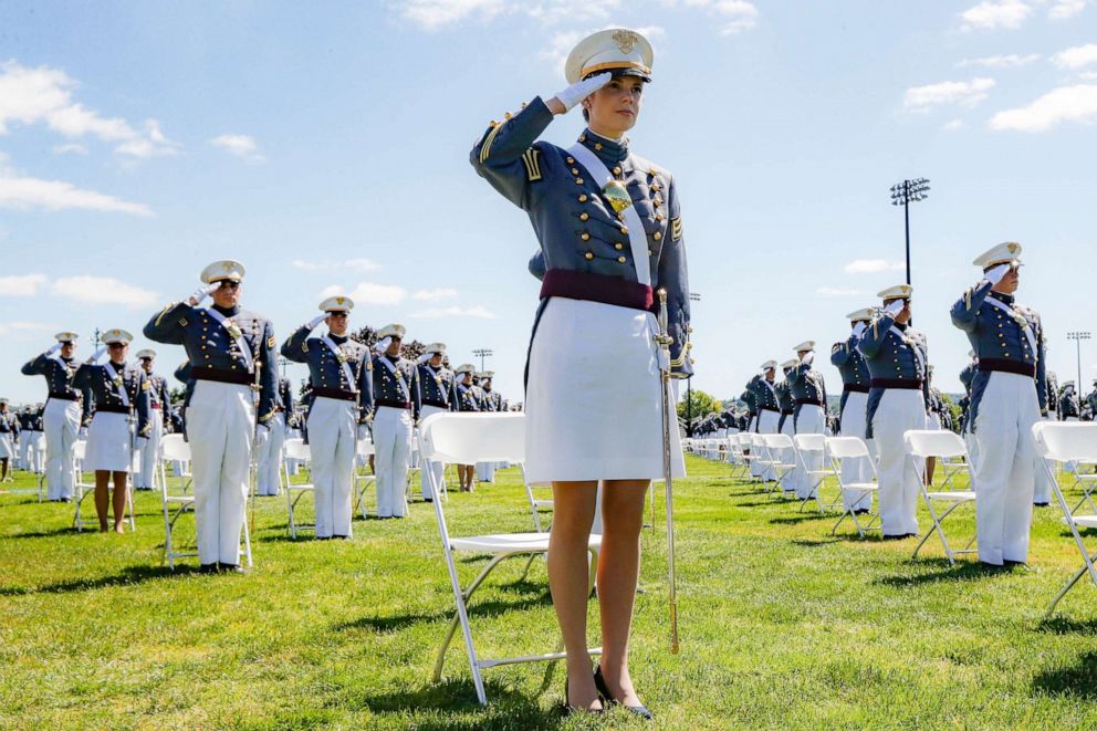 PHOTO: United States Military Academy graduating cadets salute during commencement ceremonies, June 13, 2020, in West Point, N.Y.