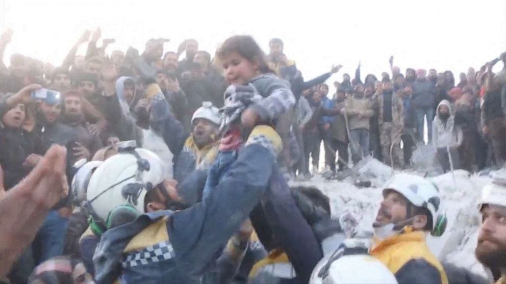 PHOTO: A family is rescued from rubble in this screengrab obtained from social media, in Bisnia, Syria, Feb. 7, 2023.