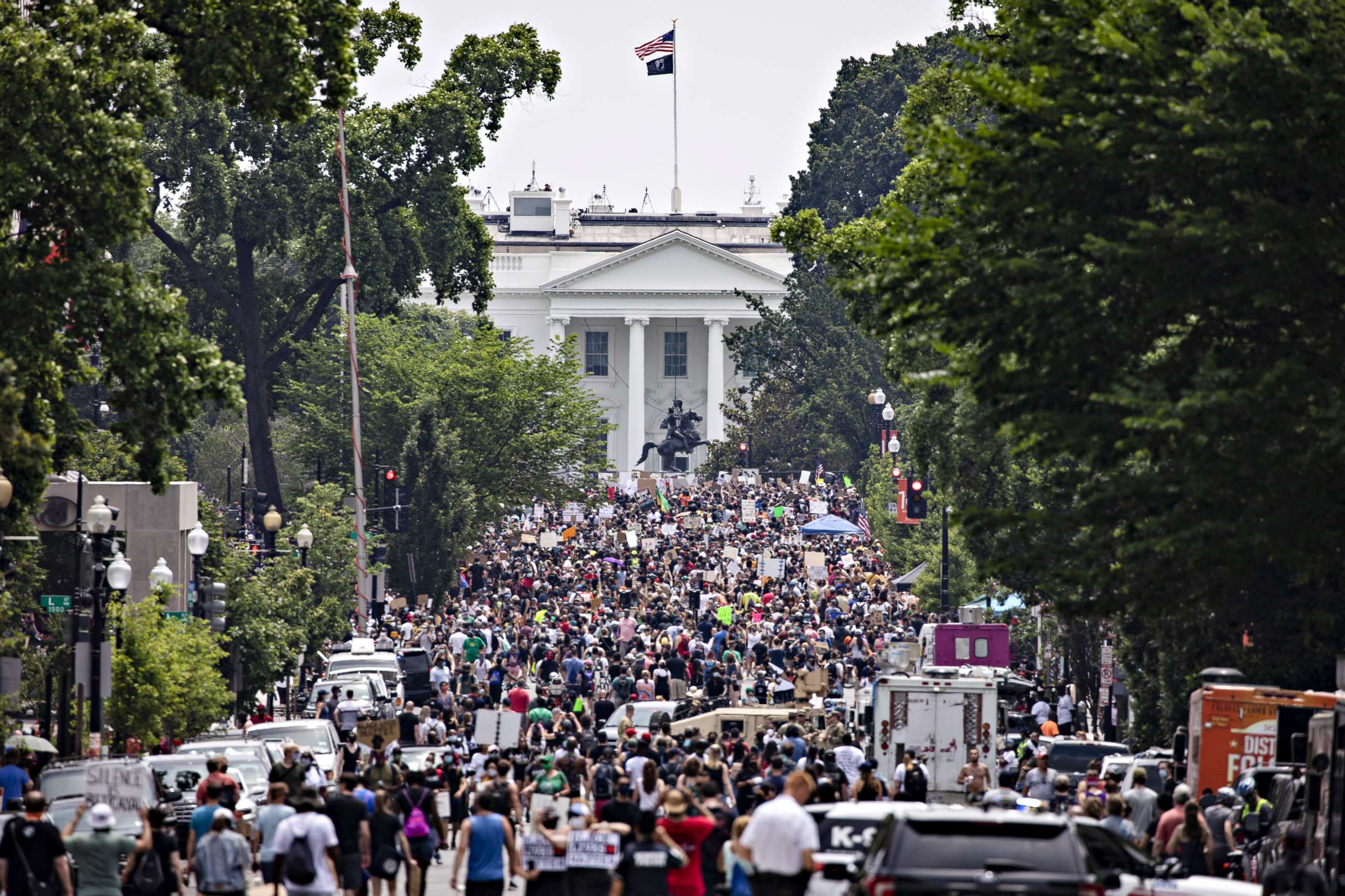 PHOTO:Protesters gather along 16th Street NW near the White House during George Floyd protests, on June 6, 2020, in Washington, on the 12th day of protests.