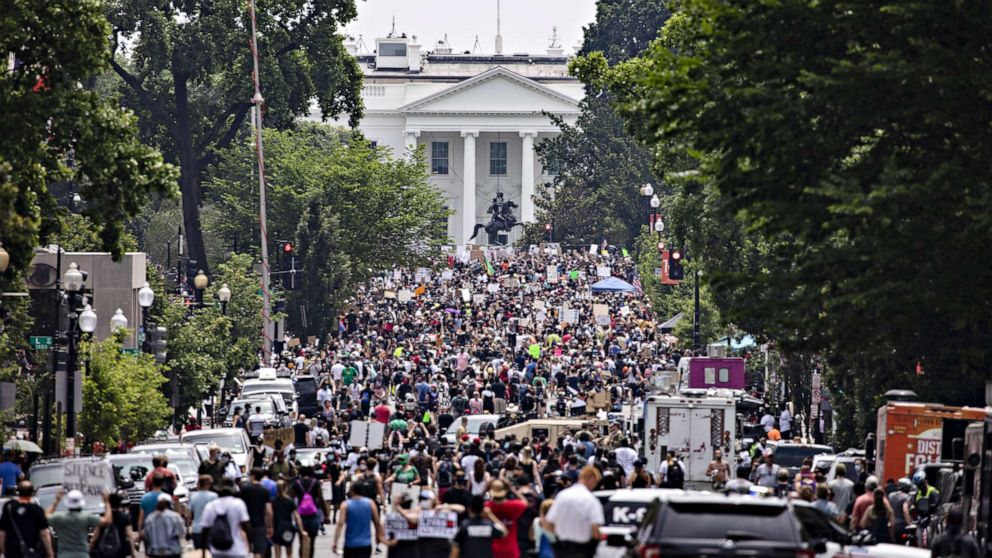 PHOTO:Protesters gather along 16th Street NW near the White House during George Floyd protests, on June 6, 2020, in Washington, on the 12th day of protests.